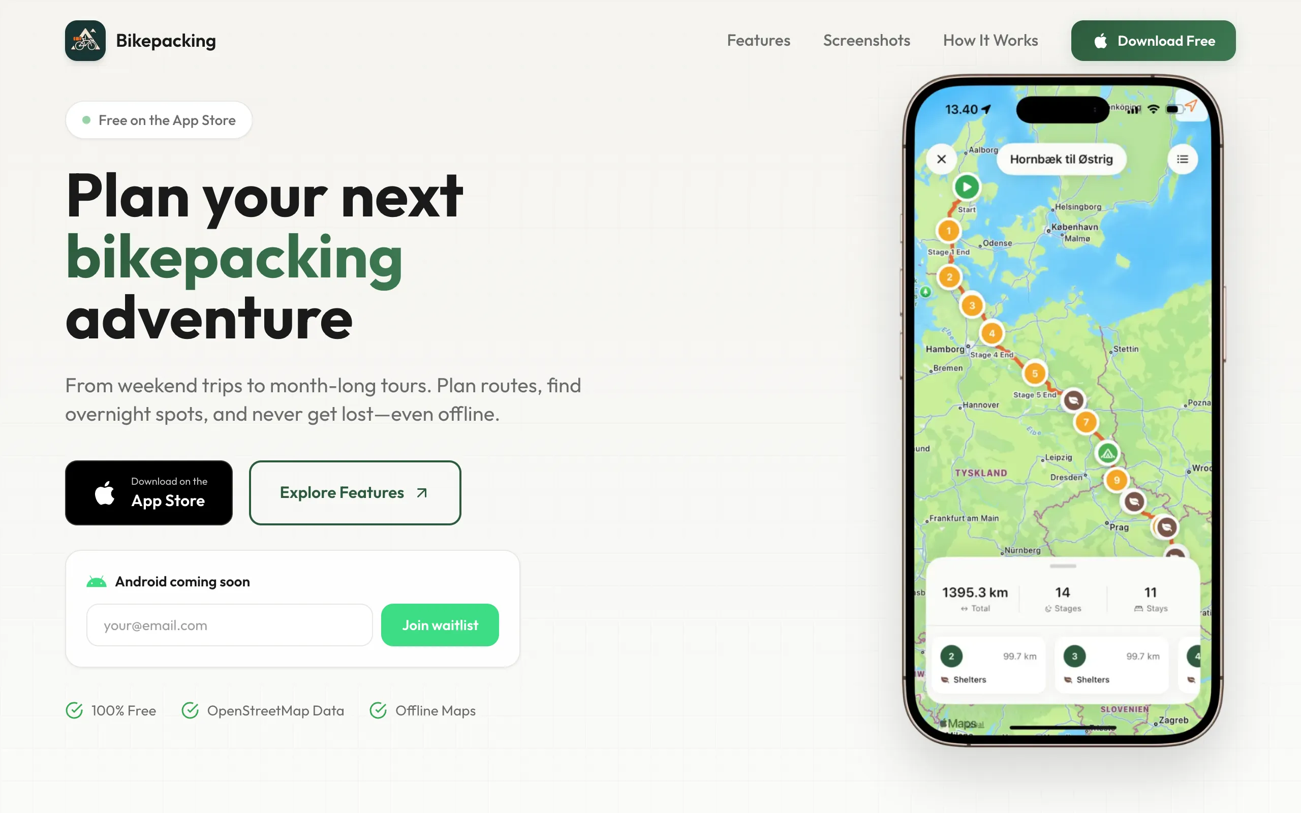 Forsiden af bikepackingapp.com med ruteplanlægning til bikepacking-eventyr