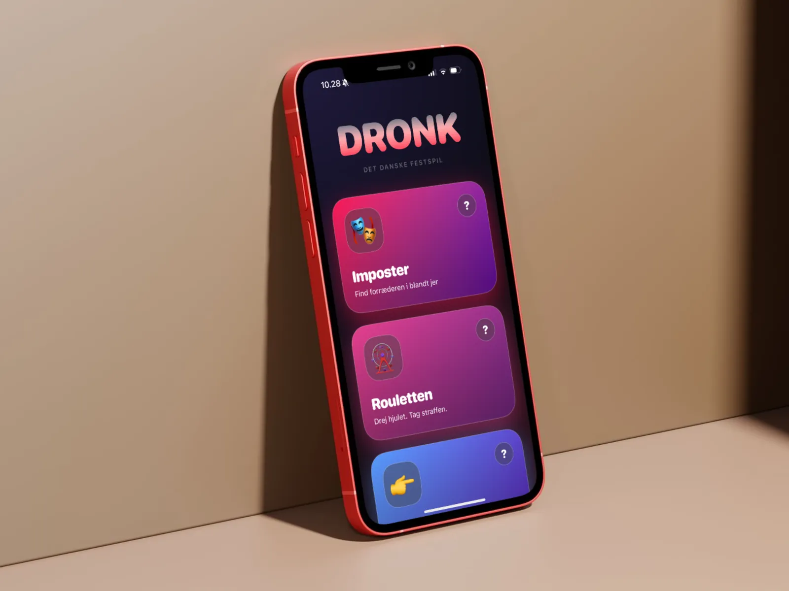 Dronk-appen på en iPhone med spillene Imposter og Rouletten på forsiden