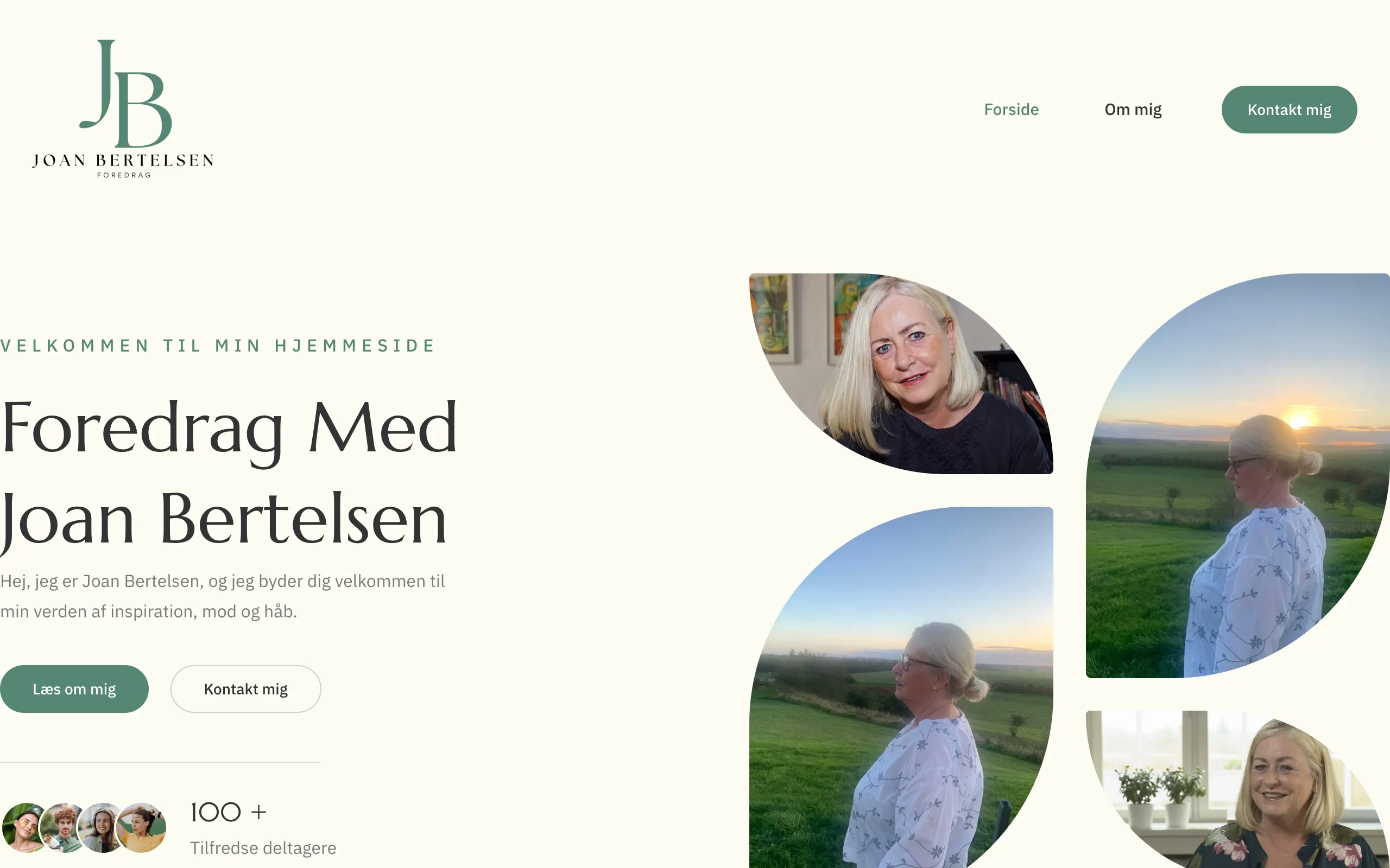 Forsiden af joanbertelsen.dk med foredrag og Joans historie