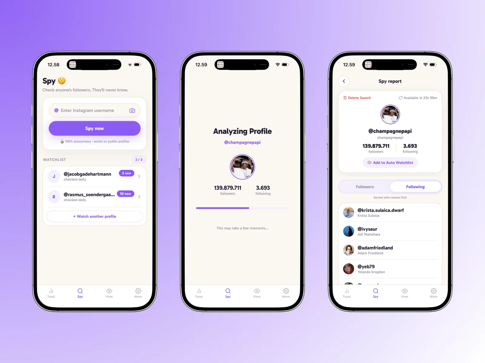 Three iPhones showing UnfollowCheck: Spy search, profile analysis and follower report