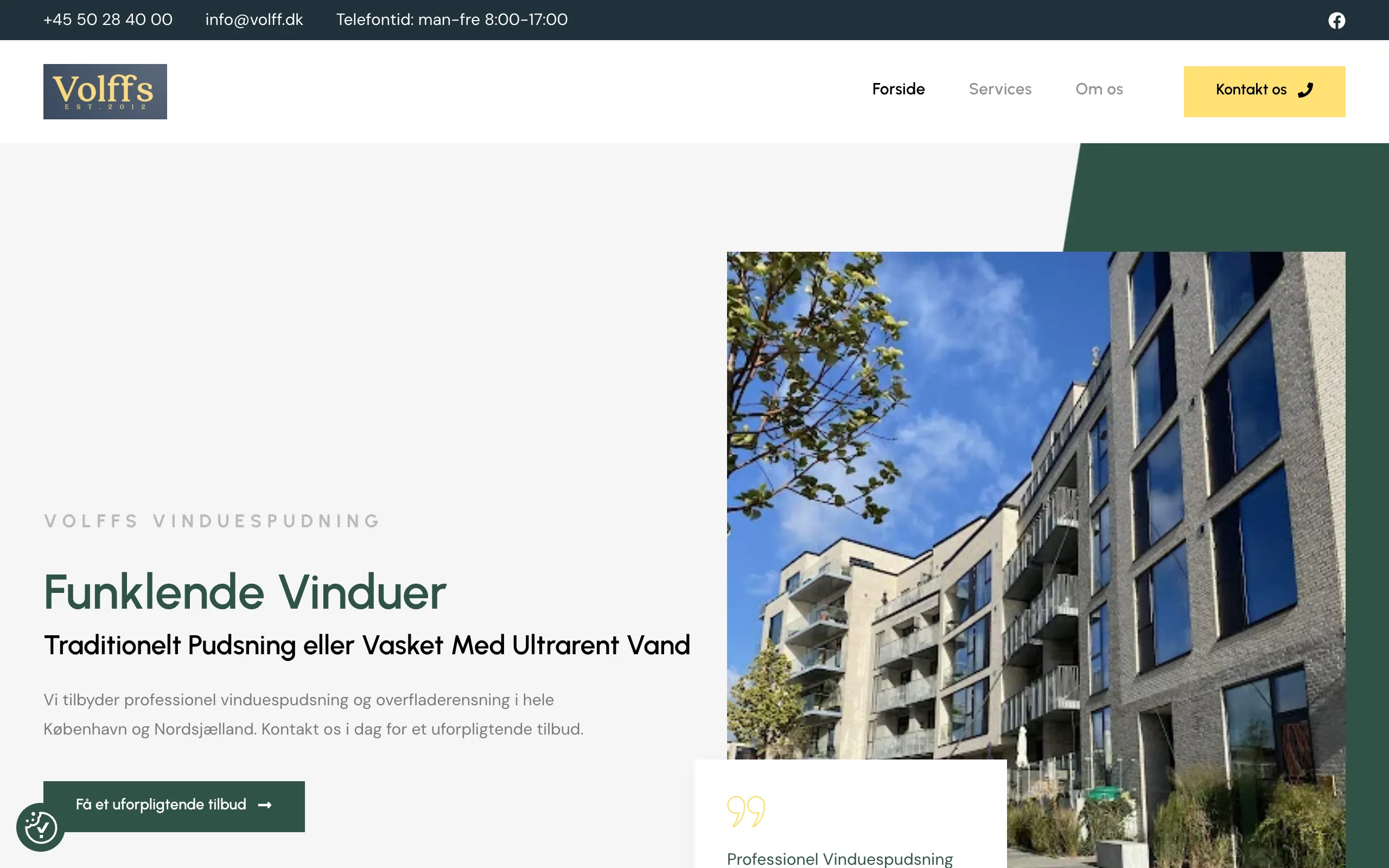 Forsiden af volff.dk med ydelser og priser for vinduespolering